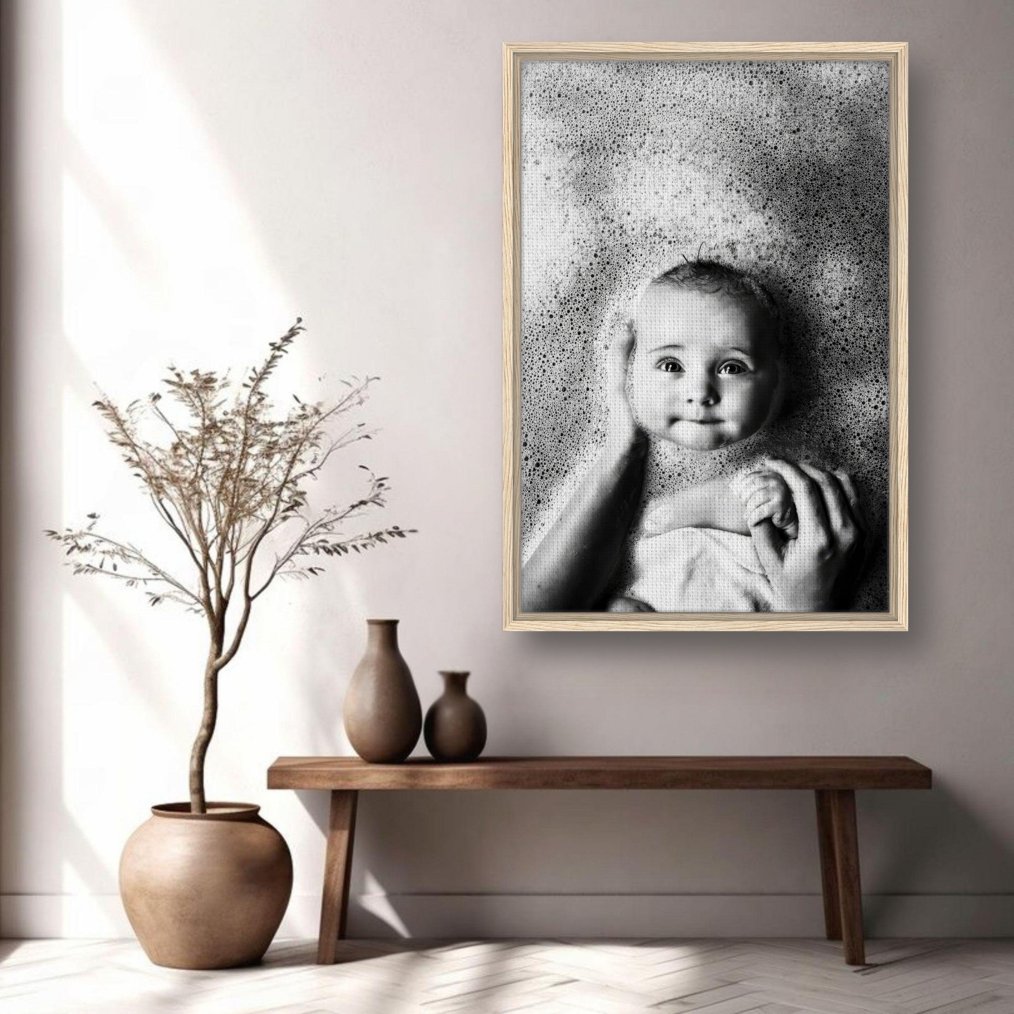 Framed Baby Bath Photography print showcasing a smiling baby in bubbles, adding warmth to any home decor.