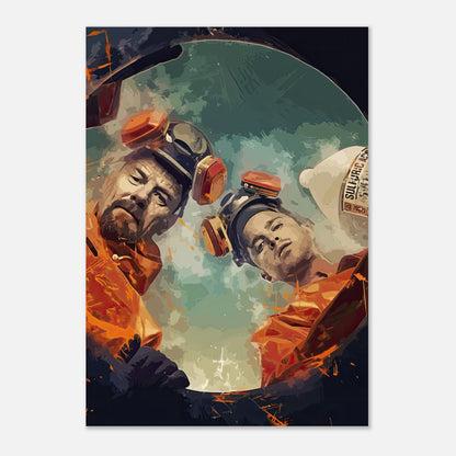 Breaking Bad poster featuring Heisenberg and Jesse Pinkman in iconic orange jumpsuits, capturing their chemistry lab moment.