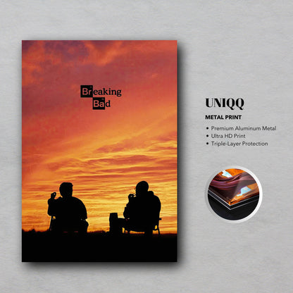 Breaking Bad metal print featuring iconic silhouette against a vibrant sunset, perfect for fans of the series.