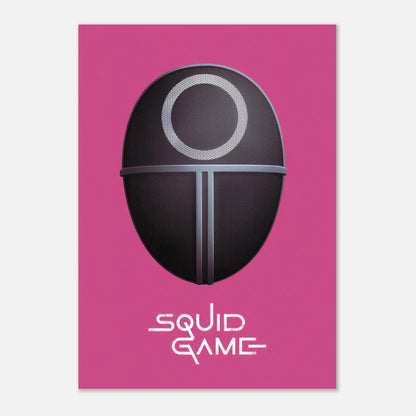 Squid Game Guard Mask poster with a bold design on a striking pink background, perfect for fans of the series.