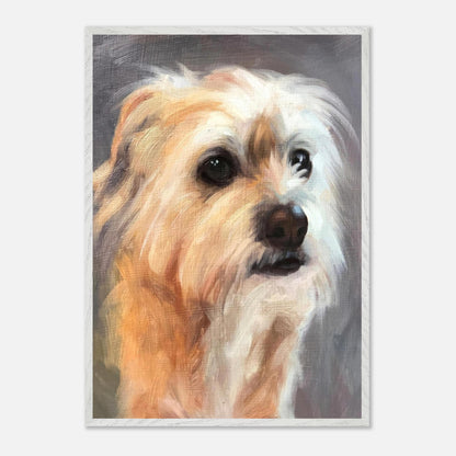 Terrier dog painting featuring expressive eyes in warm tones, vintage framed print showcasing pet charm and character.