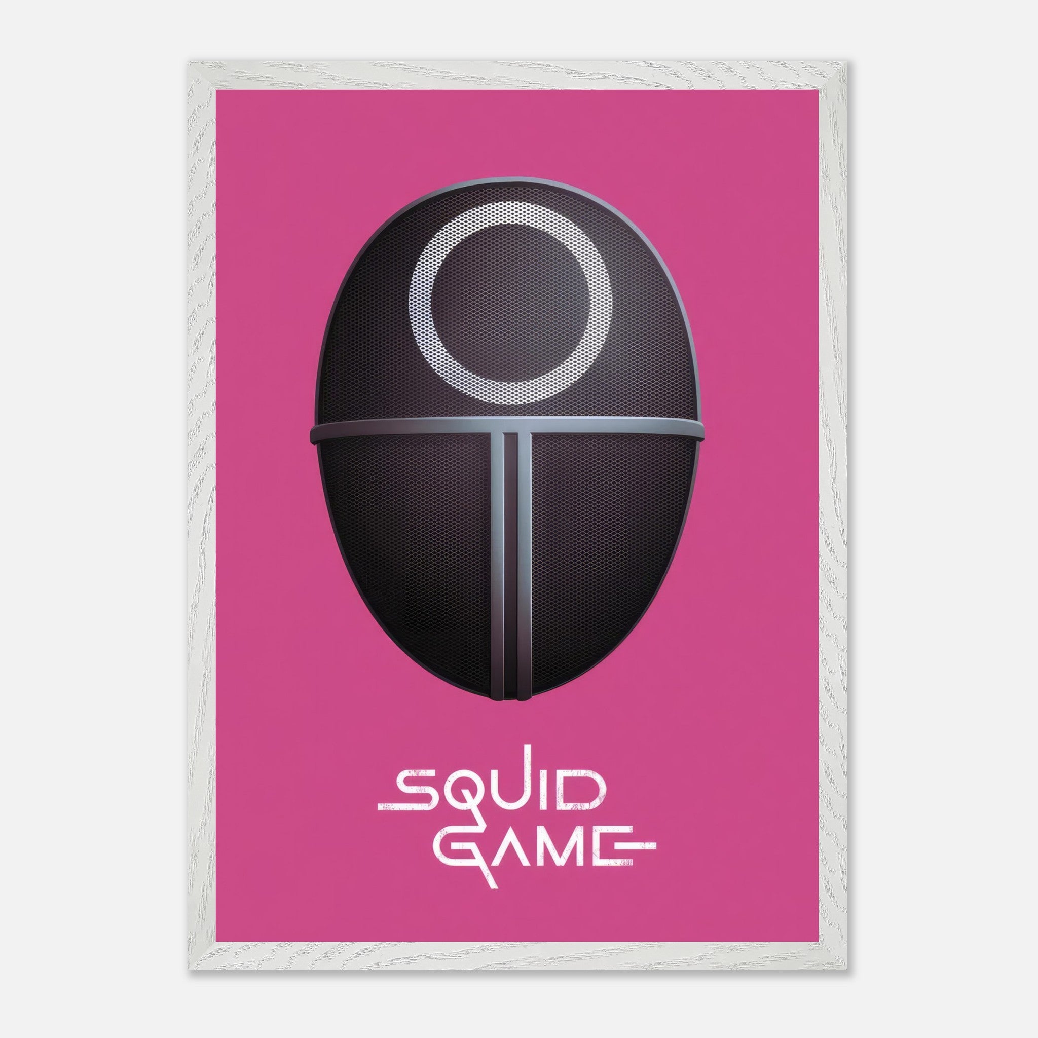 Squid Game Guard Mask fine art print featuring a bold pink backdrop and iconic mask design, perfect for fans and collectors.