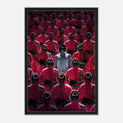 Framed canvas print of Squid Game guards in red uniforms, capturing suspense with detailed imagery and bold colors.