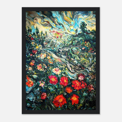 Abstract floral landscape painting framed print with vibrant colors and dreamlike scenery.