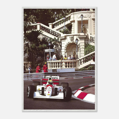 Ayrton Senna racing his McLaren through the iconic streets of Monaco, captured in a stunning fine art print.