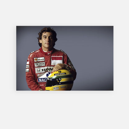 Ayrton Senna portrait with racing helmet, showcasing iconic motorsport legacy and style in a sleek metal print.