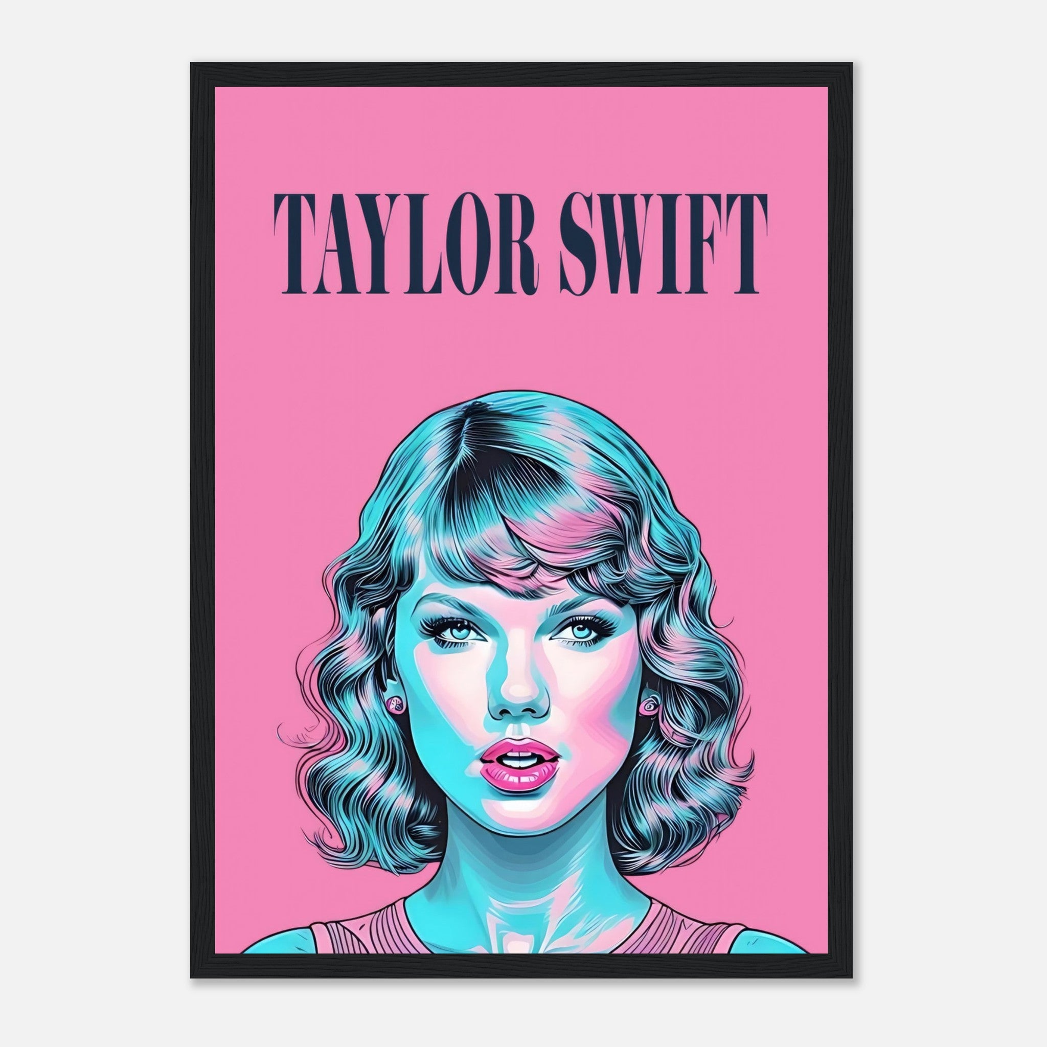 Taylor Swift Pop Art framed poster with vibrant pink background and turquoise highlights, perfect for art and music fans.