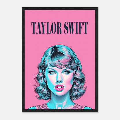 Taylor Swift Pop Art framed poster with vibrant pink background and turquoise highlights, perfect for art and music fans.