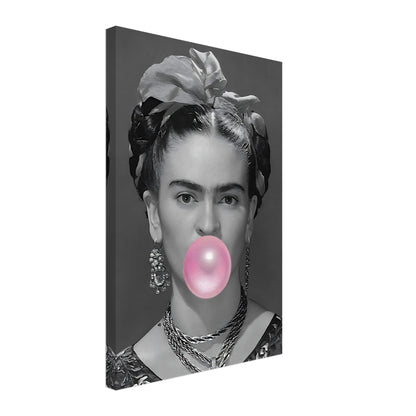 Frida Kahlo Bubble Gum canvas art featuring a grayscale portrait and vibrant pink bubble gum detail.