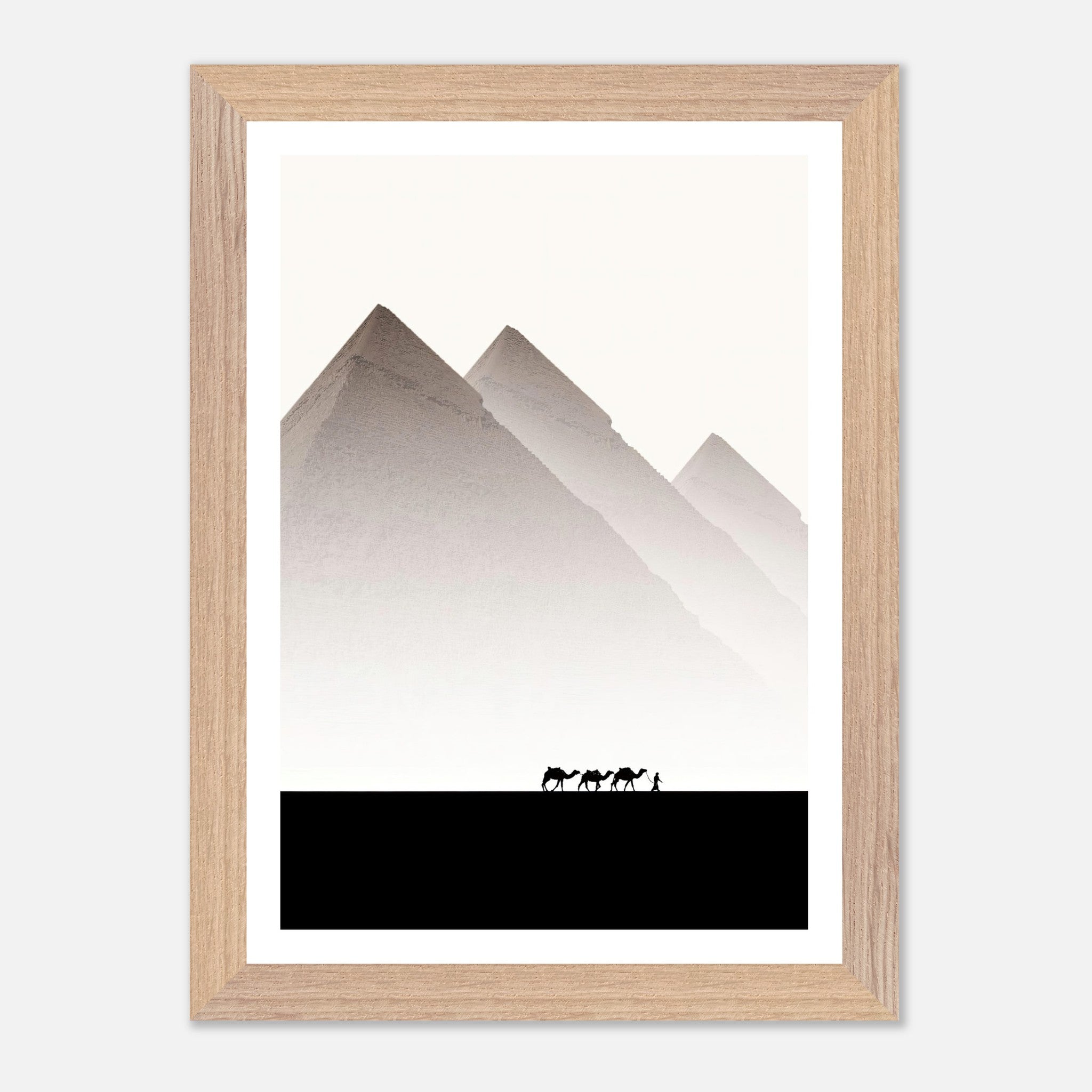 Pyramids of Giza framed art featuring camels against a minimalist sky in travel photography.