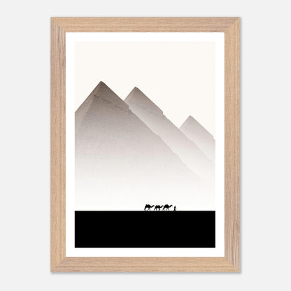 Pyramids of Giza framed art featuring camels against a minimalist sky in travel photography.