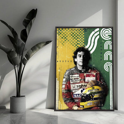 Ayrton Senna vintage framed print with bold Brazilian colors and retro design celebrating F1 legend's legacy.