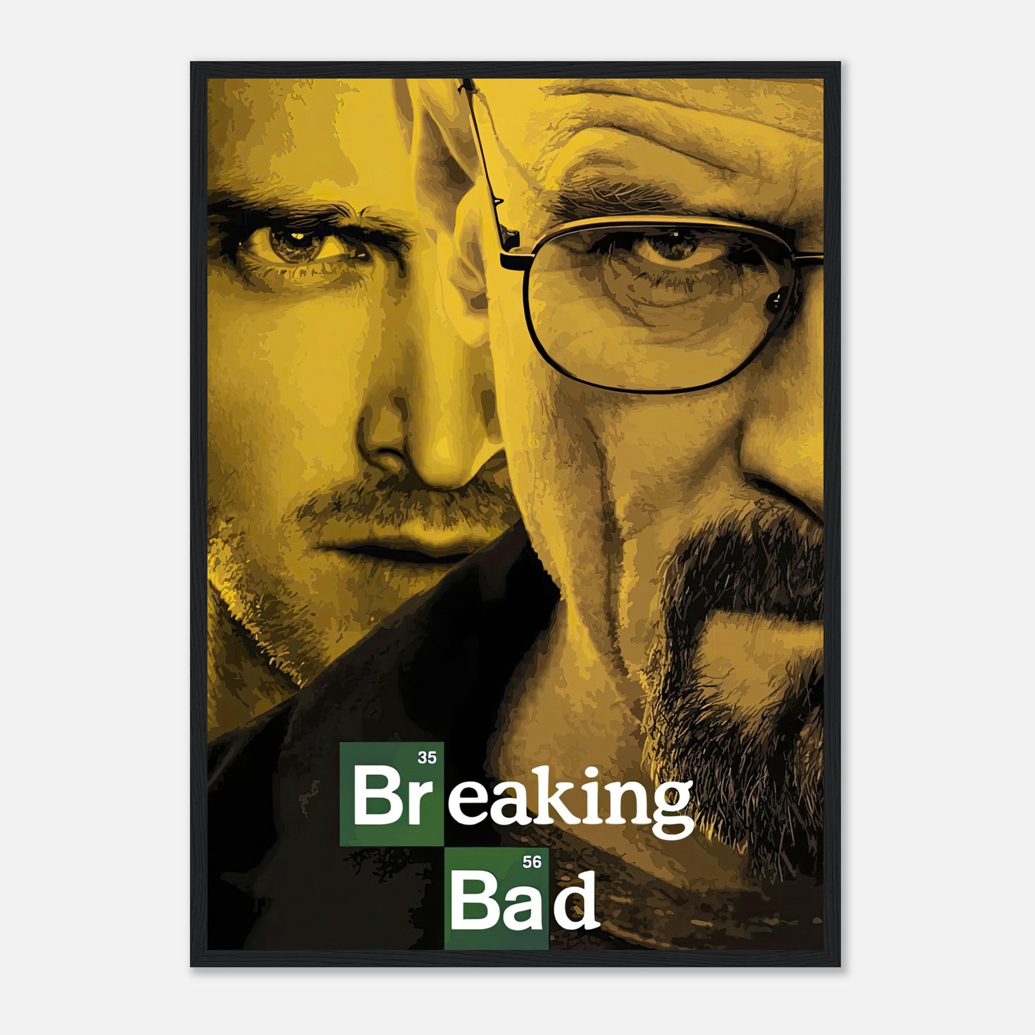 Breaking Bad official framed poster featuring iconic characters Walter White and Jesse Pinkman in vibrant yellow tones.