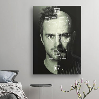 Jesse Pinkman and Walter White split-face poster from Breaking Bad, featuring bold typography and sleek monochrome design.