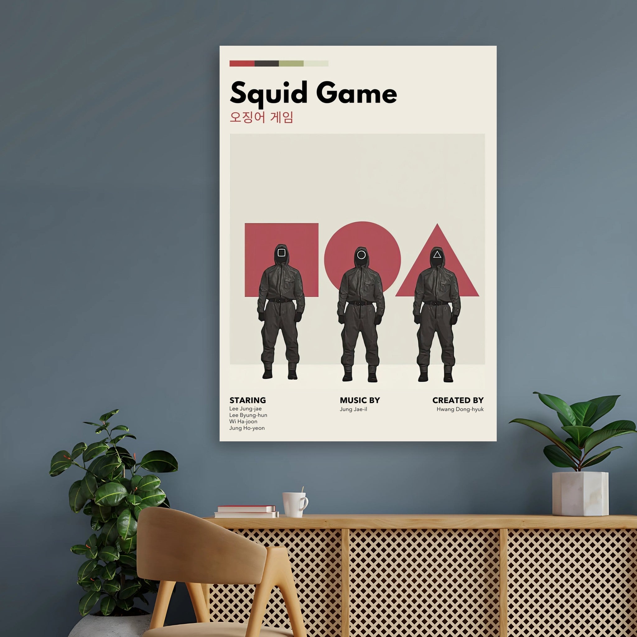 Squid Game vintage poster featuring enigmatic guards in minimalist design against geometric shapes, perfect for fans.