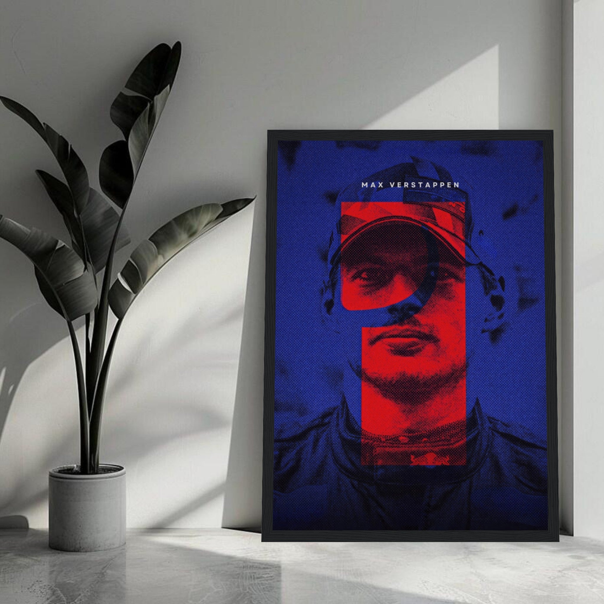 Framed print of Max Verstappen in bold colors, showcasing his dynamic spirit and stylish design, perfect for any wall.