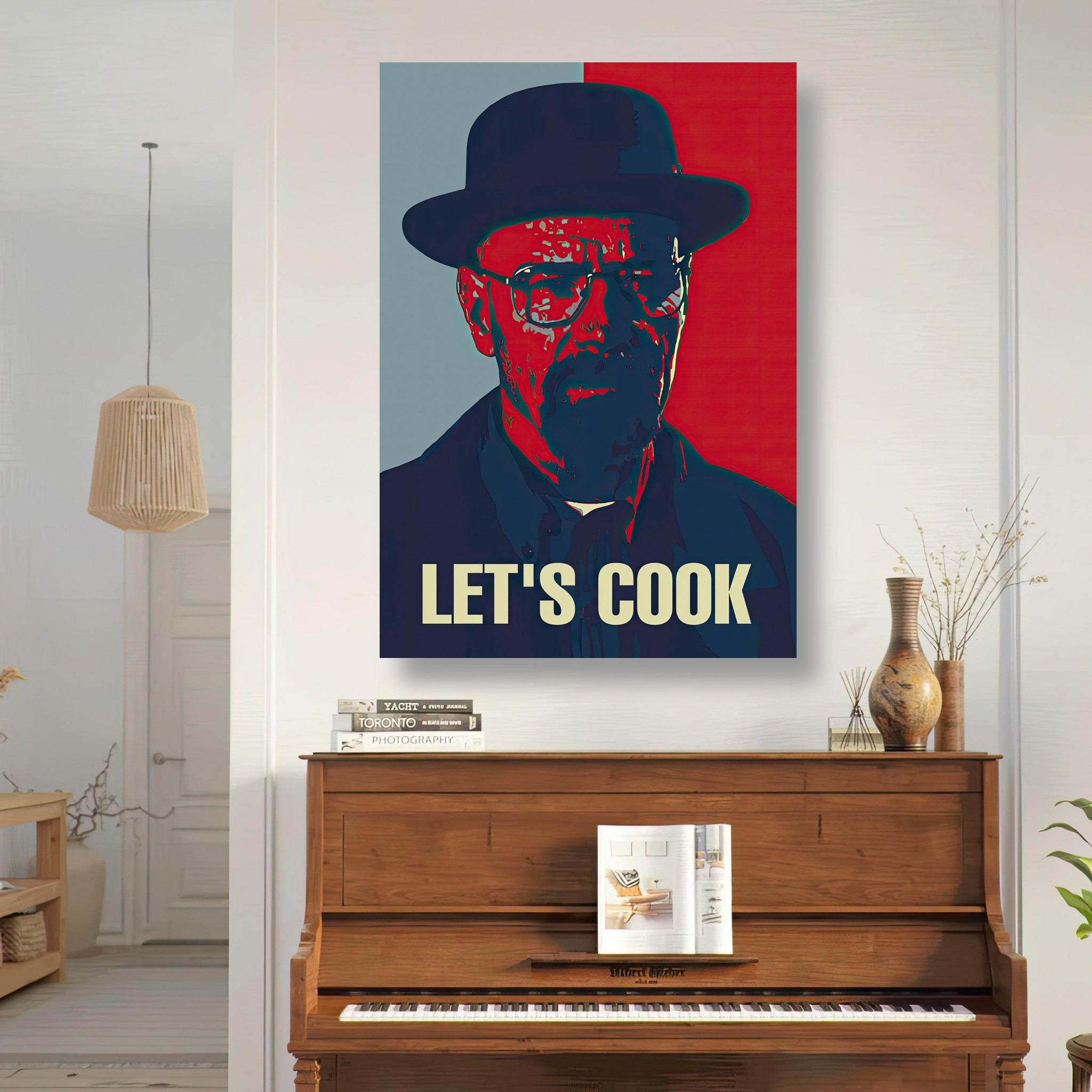 Heisenberg Let’s Cook poster in deep reds and blues, enhancing a modern home decor space with pop art style.