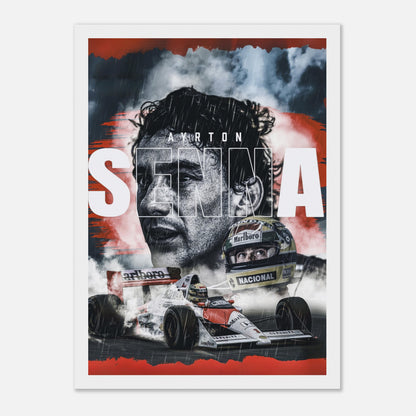 Ayrton Senna framed print featuring dynamic imagery of the F1 legend in his iconic racing car. Perfect for motorsport fans.