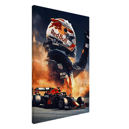 Max Verstappen Red Bull canvas art featuring a dynamic Formula 1 driver with a racing car backdrop.