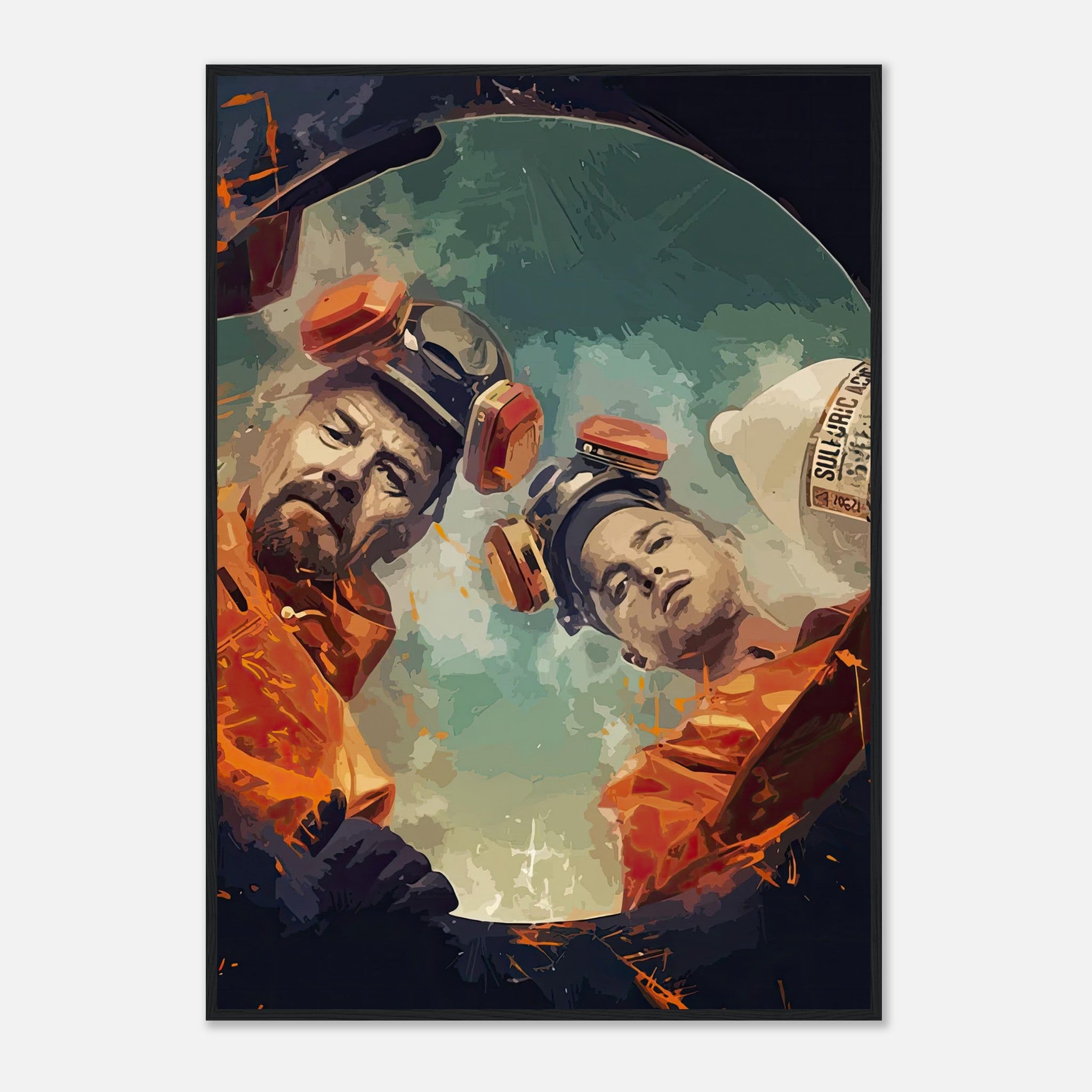 Framed print of Walter White and Jesse Pinkman in hazmat suits from Breaking Bad, showcasing their iconic lab scene.