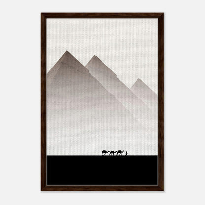 Minimalist Pyramids of Giza Framed Canvas Print featuring earthy tones and sleek design. Perfect for any home décor.