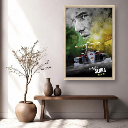 Ayrton Senna framed canvas print showcasing his iconic presence in Formula 1, set in a stylish interior decor.