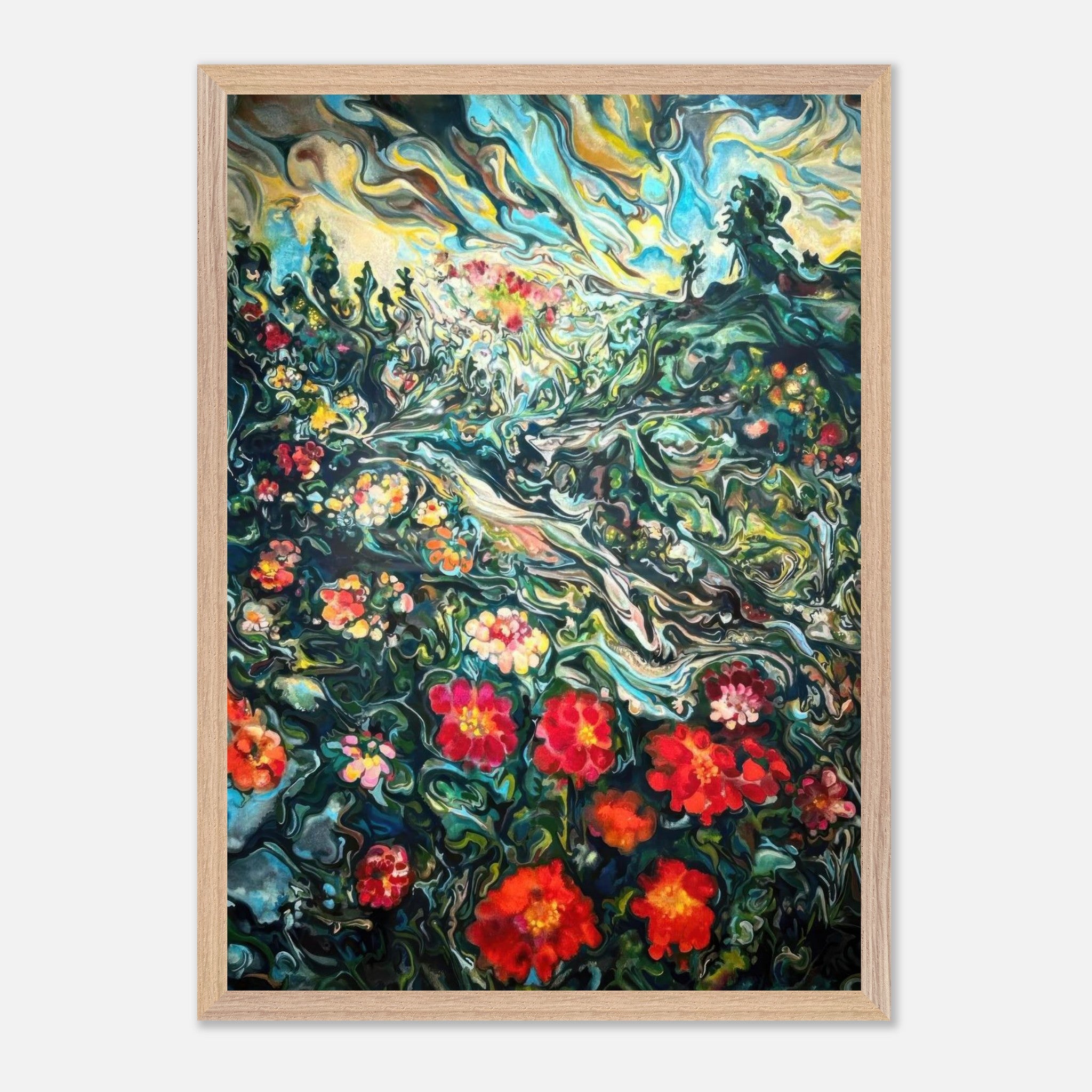 Abstract floral landscape painting in vintage frame, featuring vibrant flowers and swirling colors.