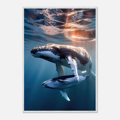 Underwater photography of a humpback whale and calf with sunlight filtering through the water.