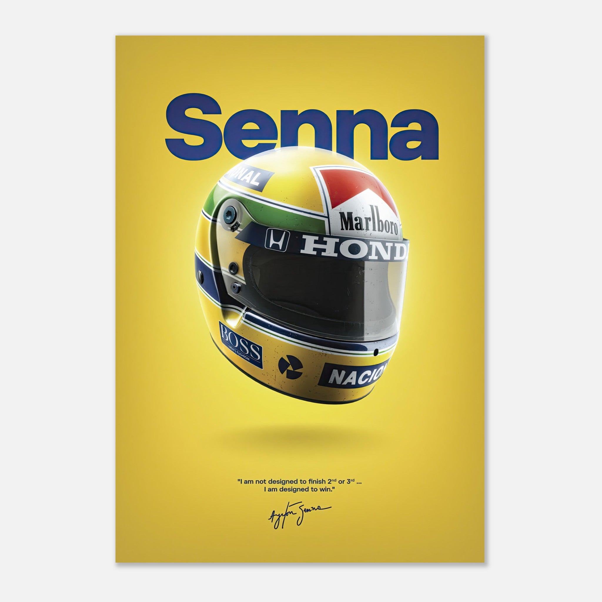 Ayrton Senna helmet metal poster featuring vibrant colors and inspirational quote on a yellow background.