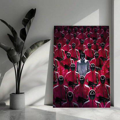 Squid Game Guards metal print featuring iconic pink-clad guards and their leader in a stylish interior setting.