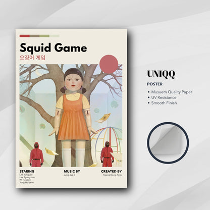 Vintage Squid Game poster featuring the iconic Red Light, Green Light doll in a retro design, printed on quality paper.