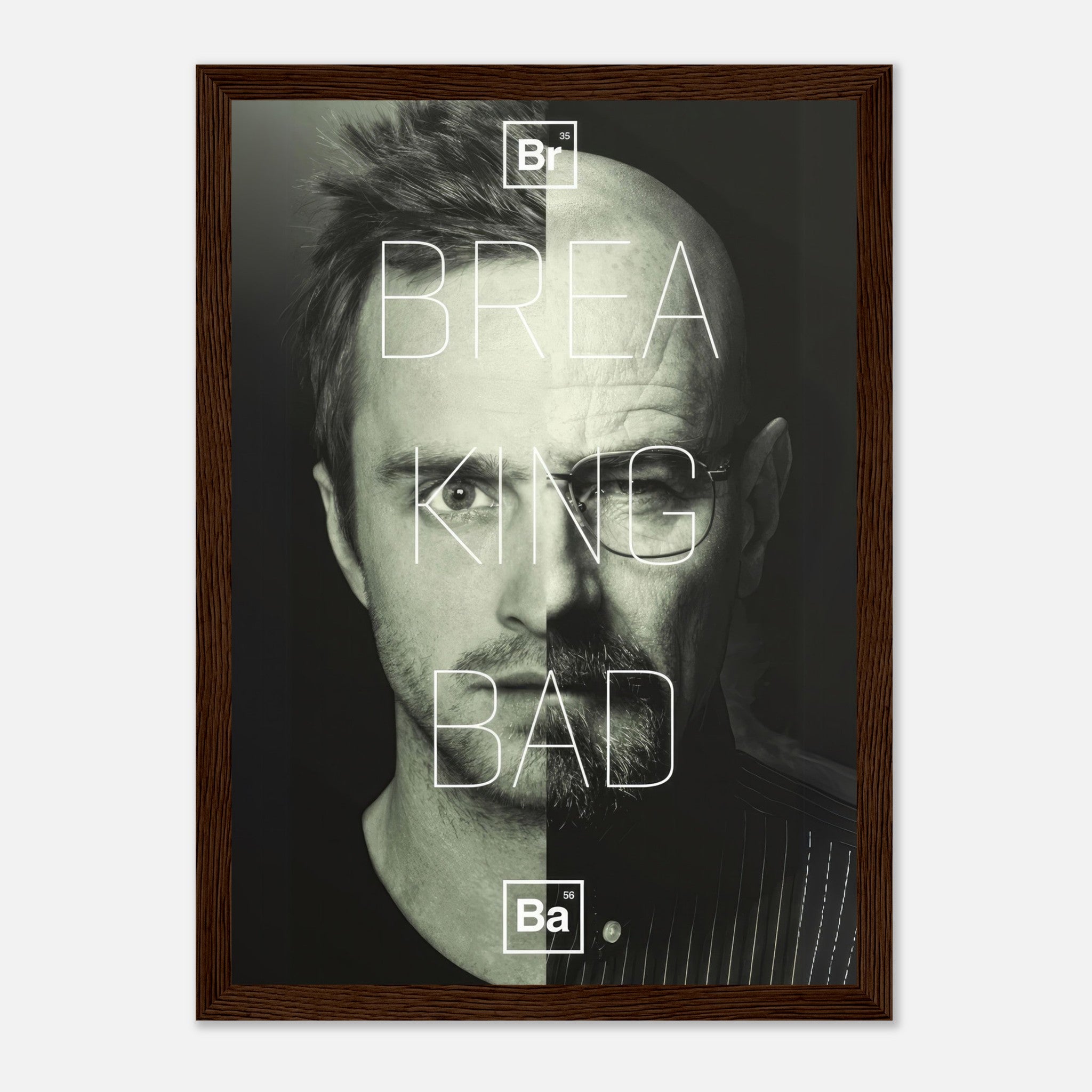 Jesse and Walter Breaking Bad framed print showcasing split-face design in black and white, perfect for fans and collectors.