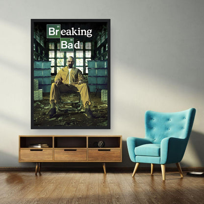 Walter White framed poster from Breaking Bad, featuring iconic yellow hazmat suit in stylish room setting.