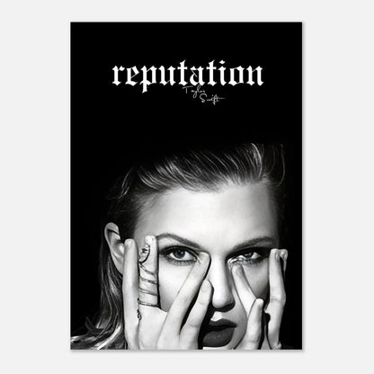 Taylor Swift Reputation poster featuring her striking black-and-white portrait with bold typography, perfect for any fan.