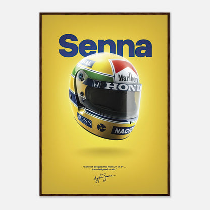 Ayrton Senna helmet framed poster with yellow background and quote, perfect for motorsport fans and collectors.