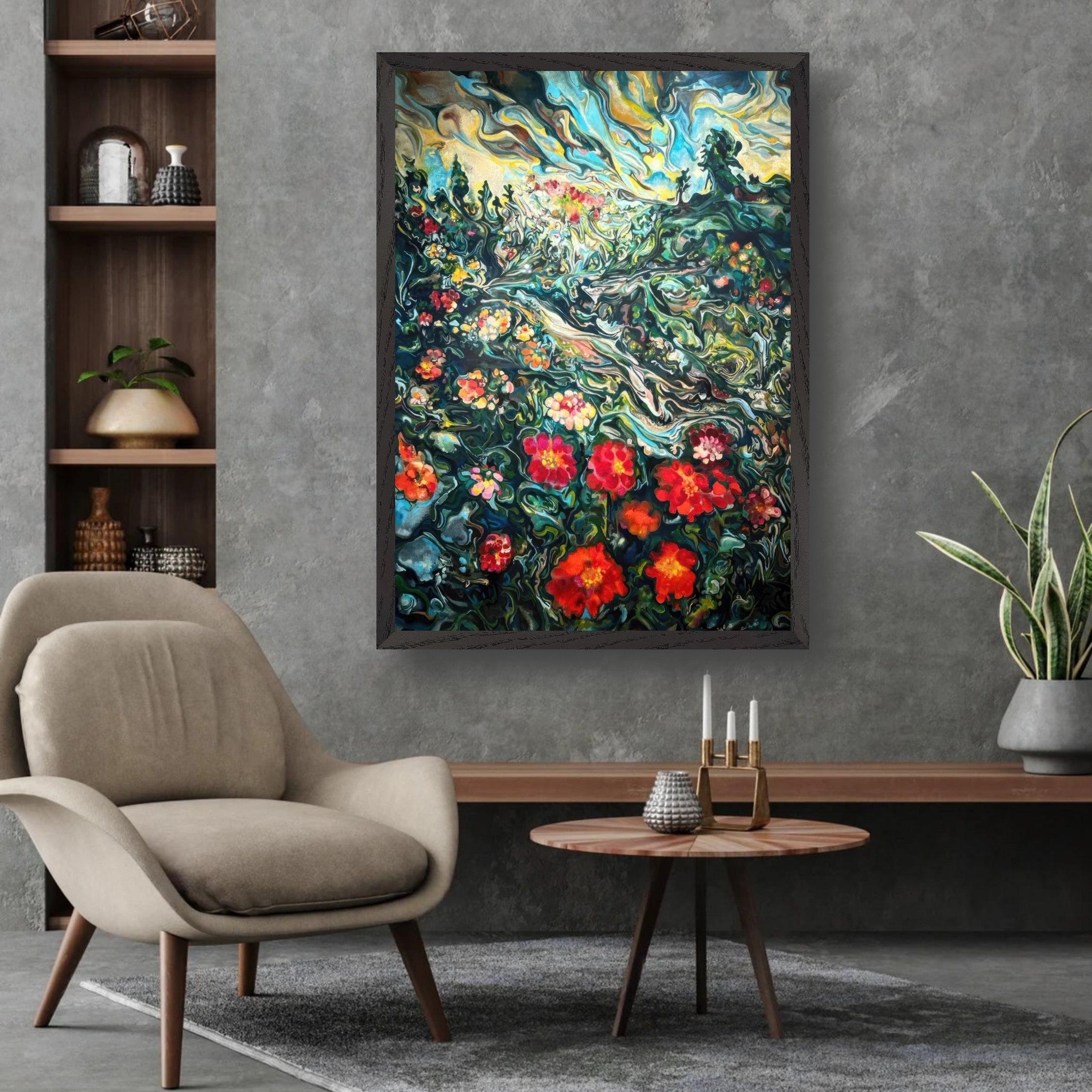 Vibrant abstract floral landscape painting displayed in a modern interior setting, showcasing rich colors and dynamic brushstrokes.