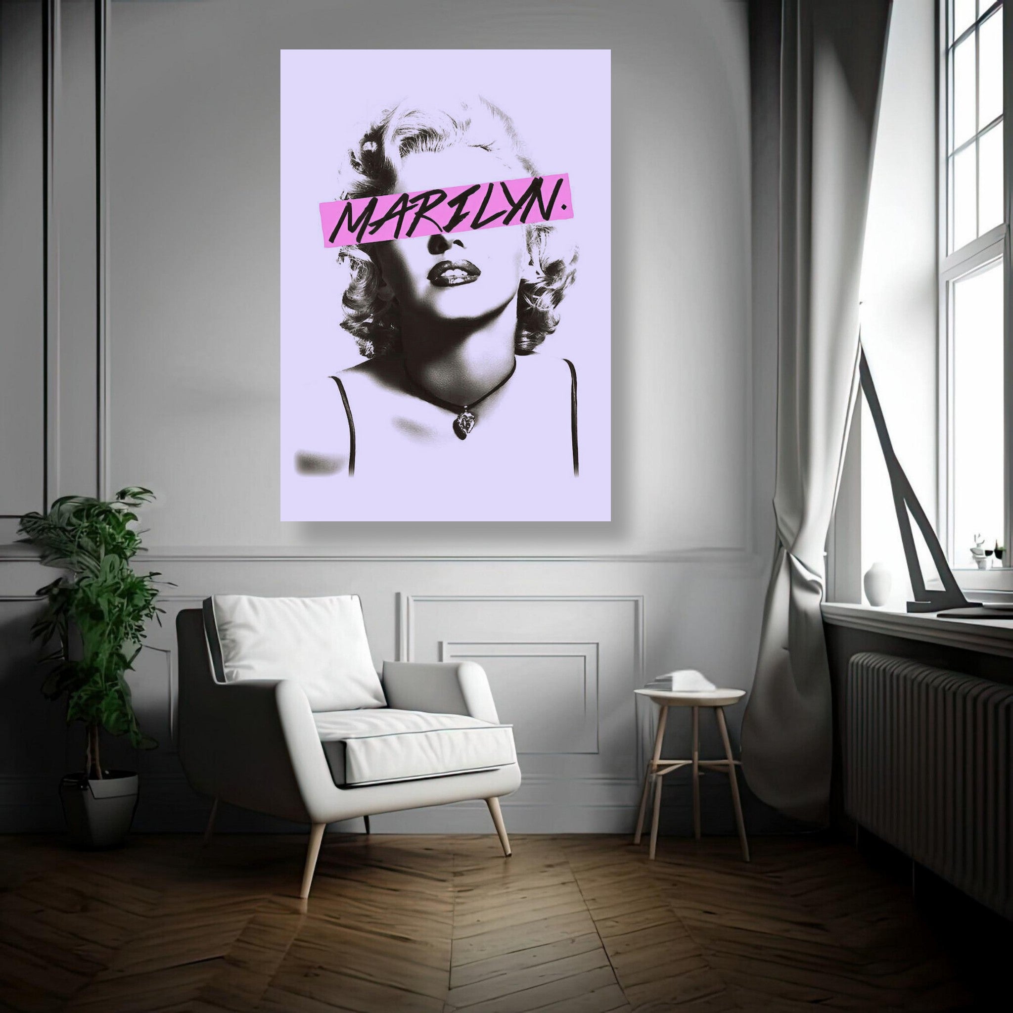 Marilyn Monroe metal poster in a modern living space, showcasing bold typography and vintage elegance.