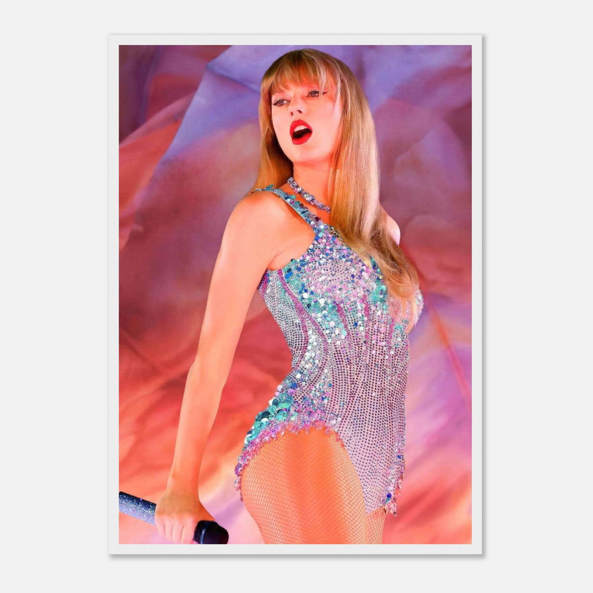 Taylor Swift performing in dazzling outfit, framed print from The Eras Tour capturing her vibrant artistry.