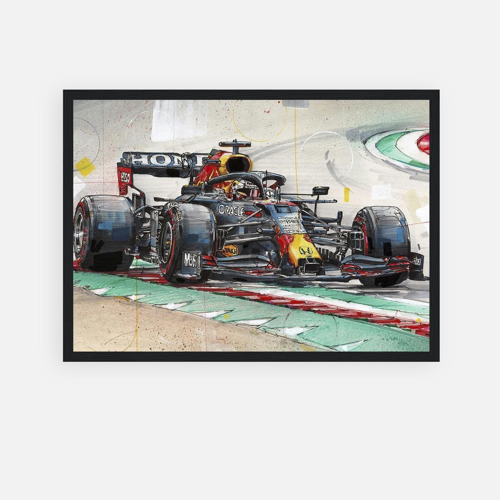 Max Verstappen framed print showcasing Red Bull Racing car in vibrant detail on premium paper. Perfect for home or office decor.