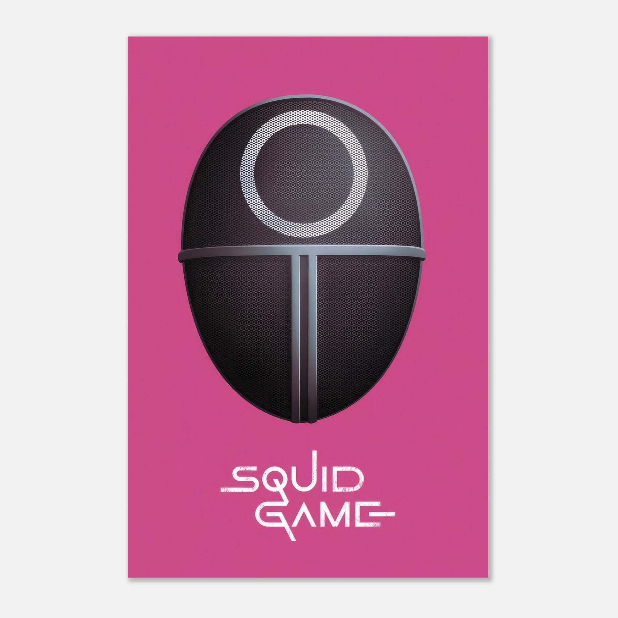 Squid Game Guard Mask Metal Print on pink background, featuring vivid colors and modern design for fans of the series.