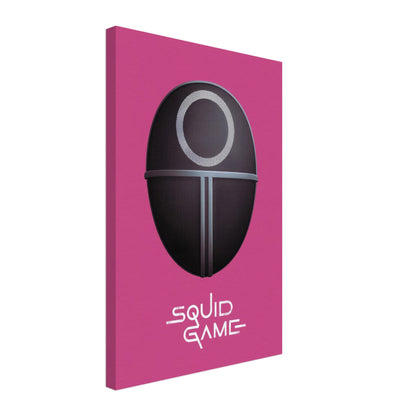 Squid Game Guard Mask canvas print on a bold pink background, featuring striking design and minimalist aesthetic.