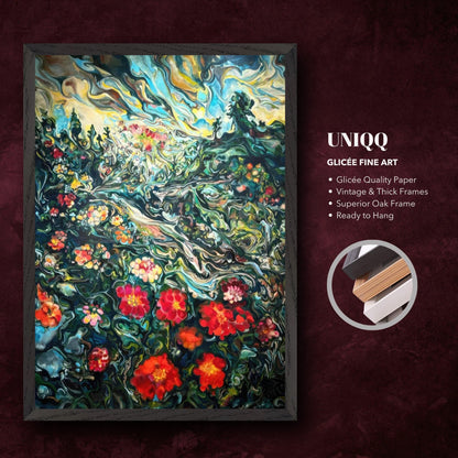 Abstract Floral Landscape Painting in vibrant colors with a thick oak frame, showcasing a mesmerizing natural scene.