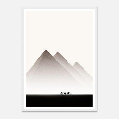 Framed print of the Pyramids of Giza with silhouetted camels in minimalist Egypt travel photography.