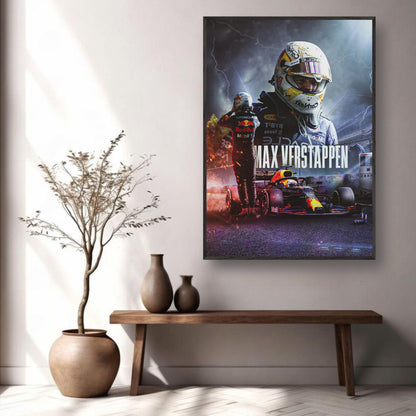 Max Verstappen RedBull Racing fine art print on wall, showcasing his achievements as a Formula 1 driver in a stylish setting.