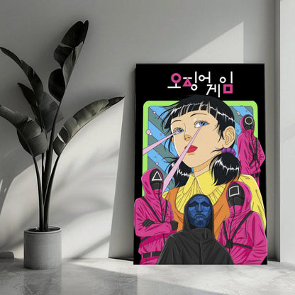 Squid Game Netflix canvas artwork featuring iconic characters and vibrant colors in a modern living space.