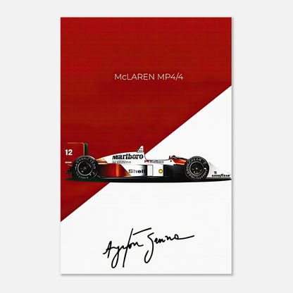 Ayrton Senna McLaren MP4/4 metal print featuring iconic car design and signature on vibrant red background.