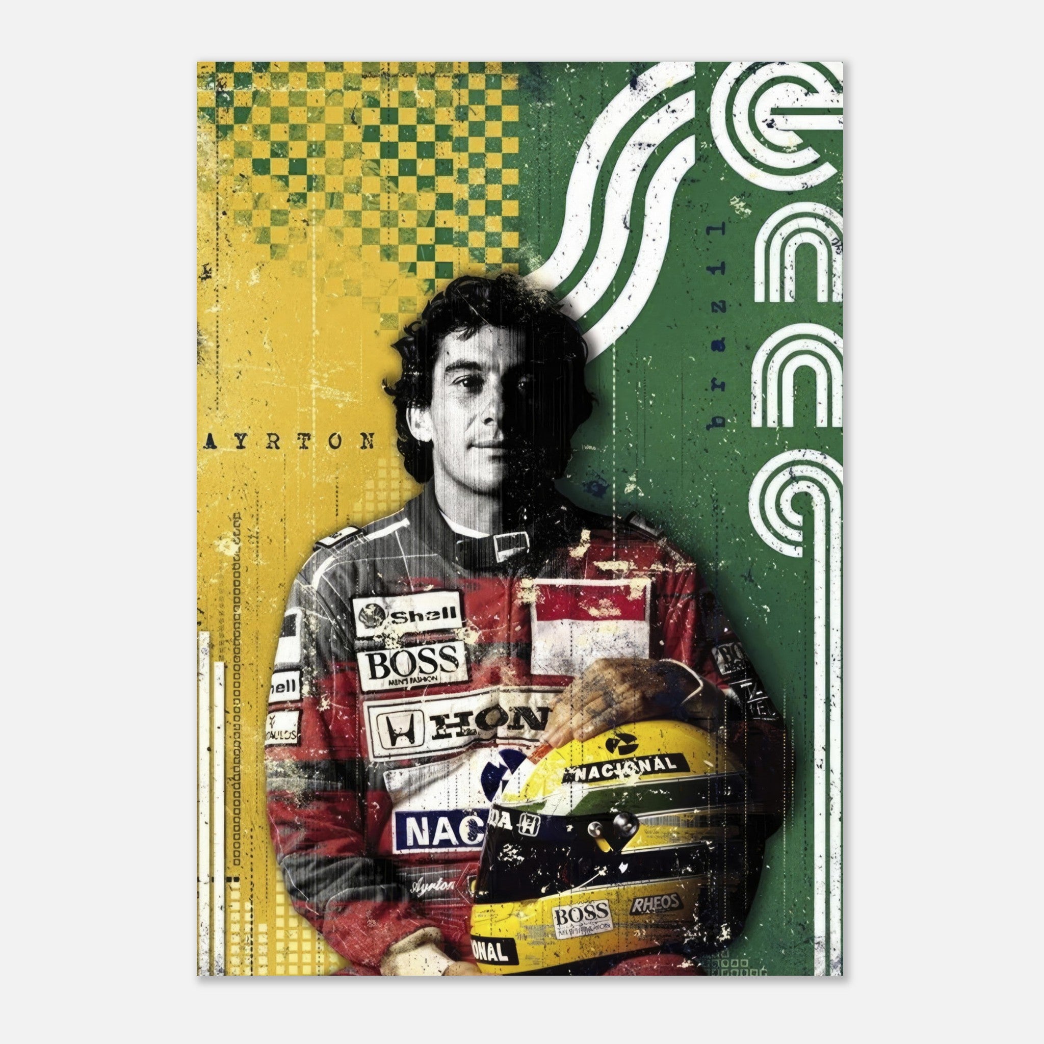 Ayrton Senna F1 Legend poster featuring vibrant colors and dynamic design, celebrating the iconic three-time world champion.