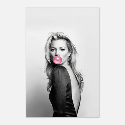 Kate Moss Bubble Gum Metal Print featuring a black-and-white portrait with a pink bubble gum detail.