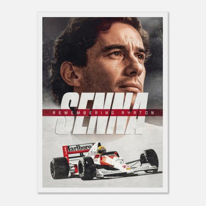 Ayrton Senna art print featuring a portrait of the racing legend and his iconic car, celebrating his legacy in motorsport.