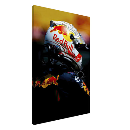 Max Verstappen canvas print showcasing his helmet and Red Bull Racing gear, perfect for Formula 1 decor enthusiasts.